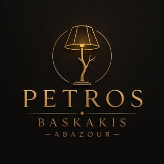Petros Baskakis Abazour logo featuring a stylized golden lamp on a tree branch within a circle on black background
