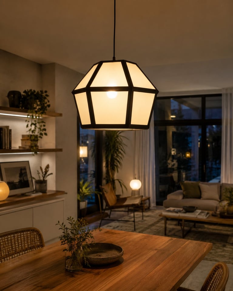 Modern pendant light with geometric black frame and cream shade hanging above wooden dining table in contemporary living room